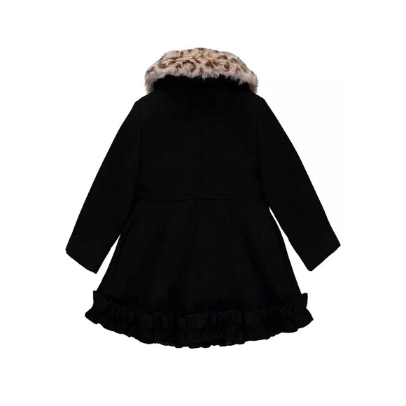Rothschild Removable Faux Fur Leopard Collar and Ruffle Bottom Coat Black L (14) - Picture 2 of 6